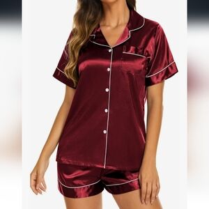 Ekouaer Silk Pajamas, Satin, Burgundy Medium